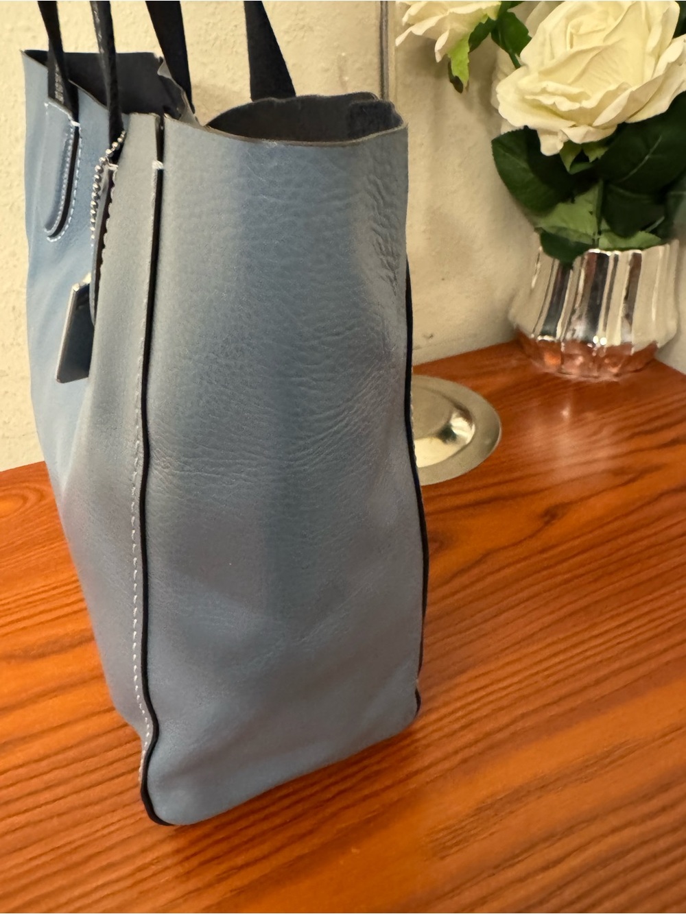 Coach Blue Leather Tote with Navy Striped Handles - Picture 5 of 16